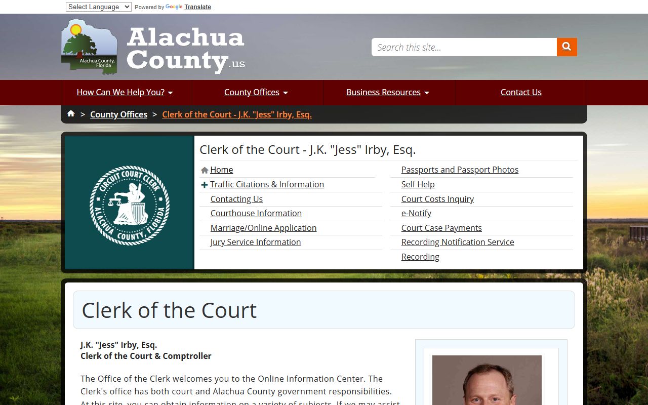 Alachua County Clerk website for Gainesville traffic court records search