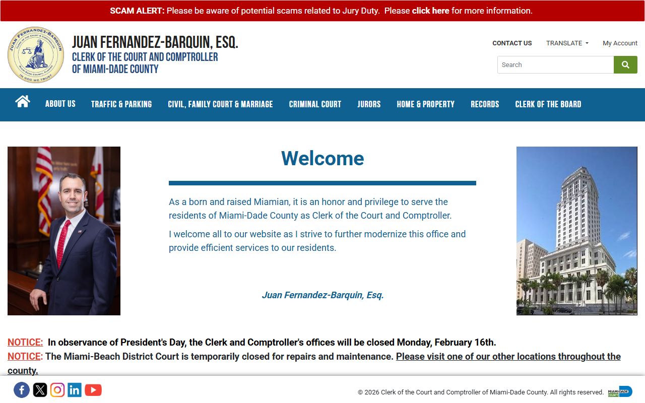 Miami-Dade Clerk homepage for Miami Gardens traffic court records