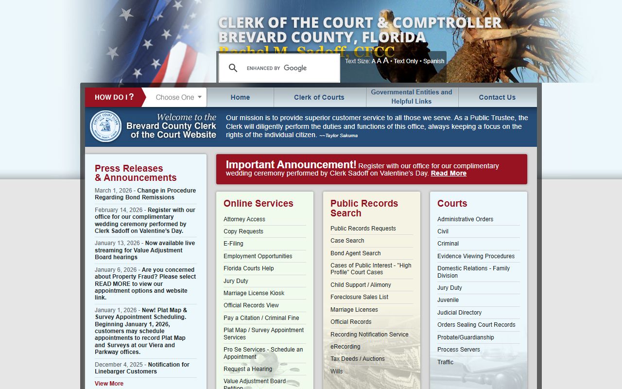 Brevard County Clerk website for Palm Bay traffic court records search