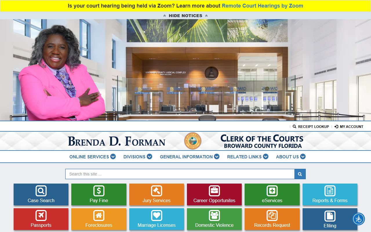 Broward County Clerk homepage for Pompano Beach traffic court records