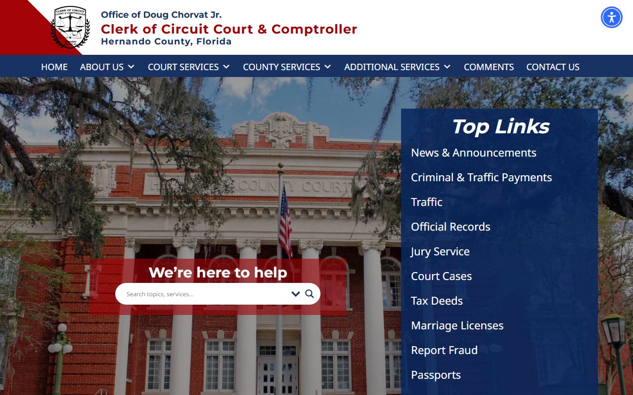 Hernando County Clerk homepage for Spring Hill traffic court records