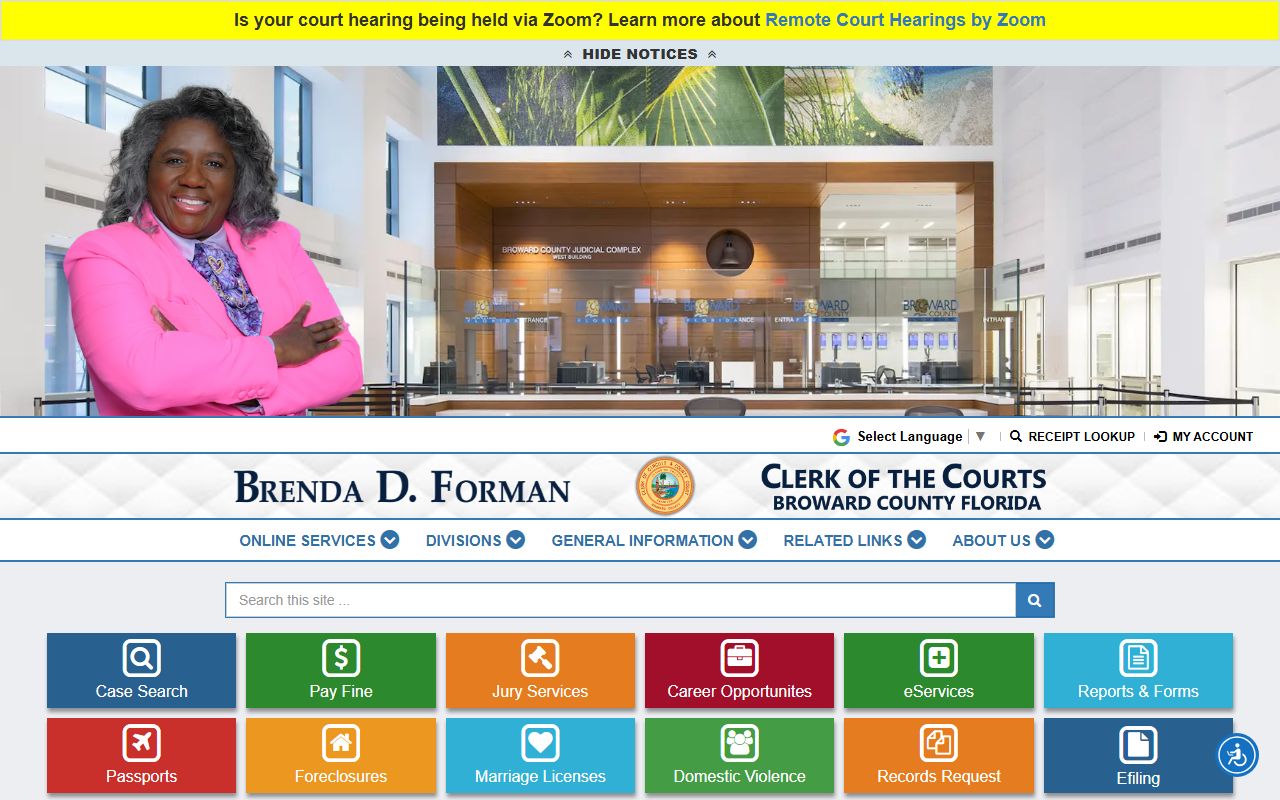 Broward County Clerk homepage for Tamarac traffic court records