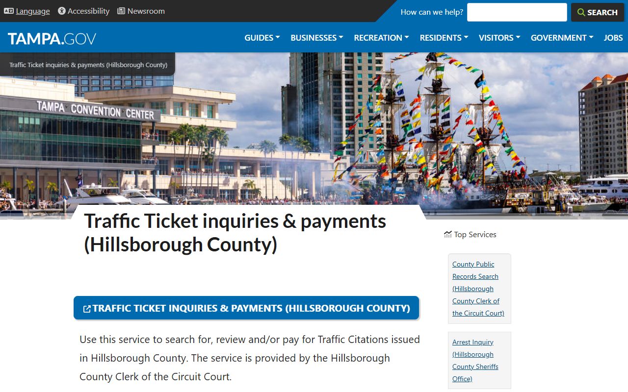 City of Tampa traffic ticket information page for Tampa traffic court records