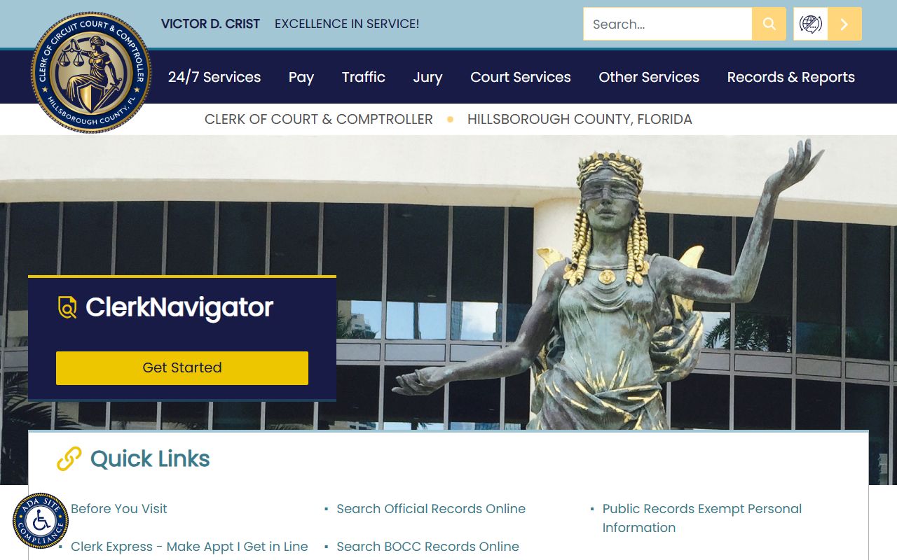 Hillsborough County Clerk homepage for Town n Country traffic court records