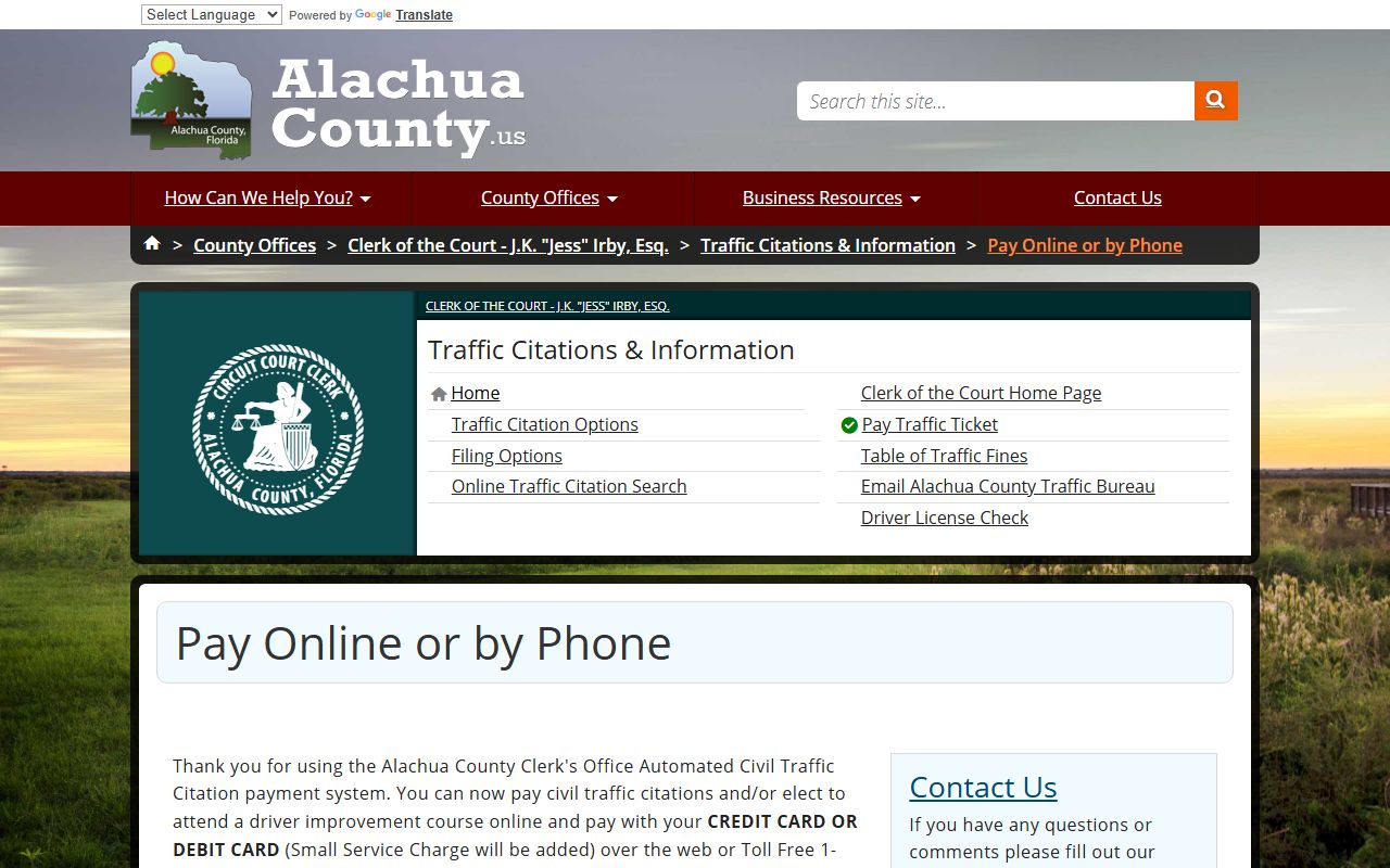 Alachua County traffic court records online ticket payment page