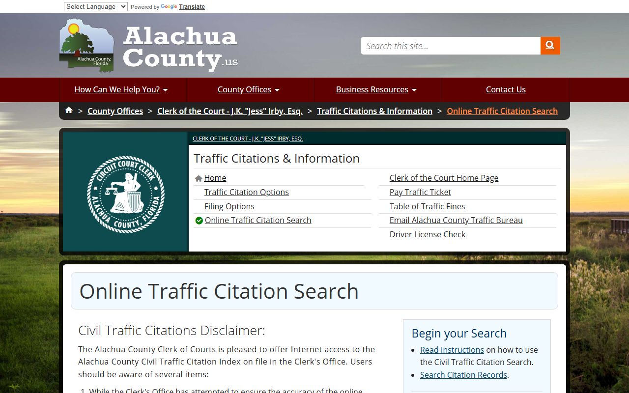 Alachua County traffic court records online citation search portal
