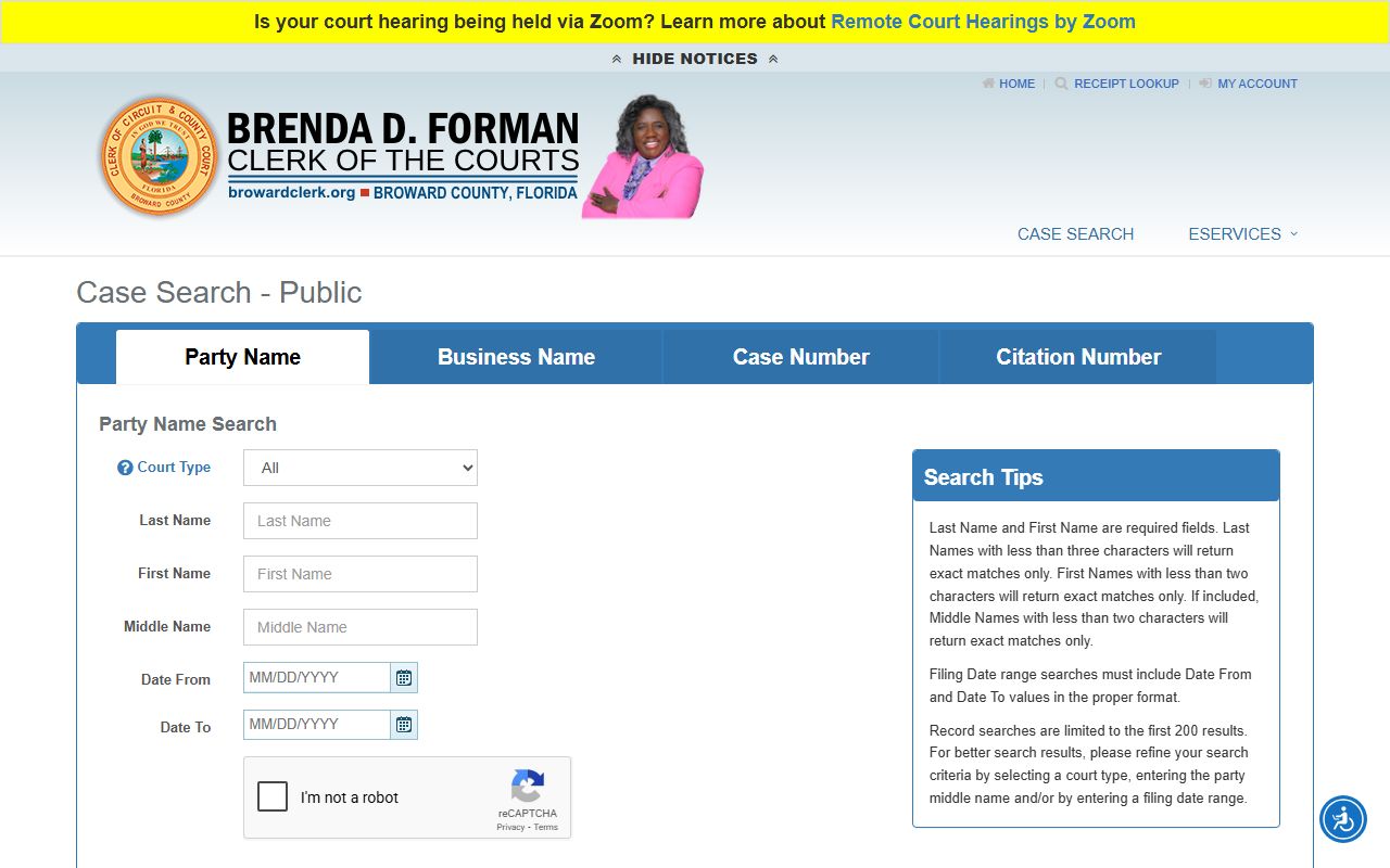 Broward County Clerk online case search portal for traffic court records