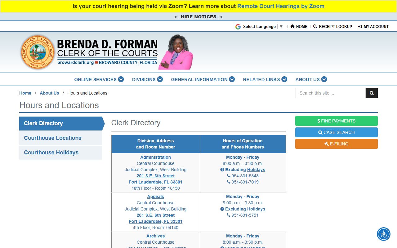 Broward County Clerk of Courts service locations for traffic court records