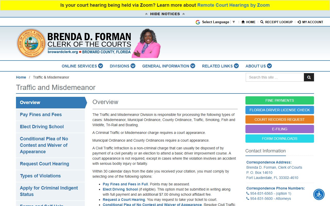 Broward County Clerk of Courts Traffic and Misdemeanor Division page for traffic court records