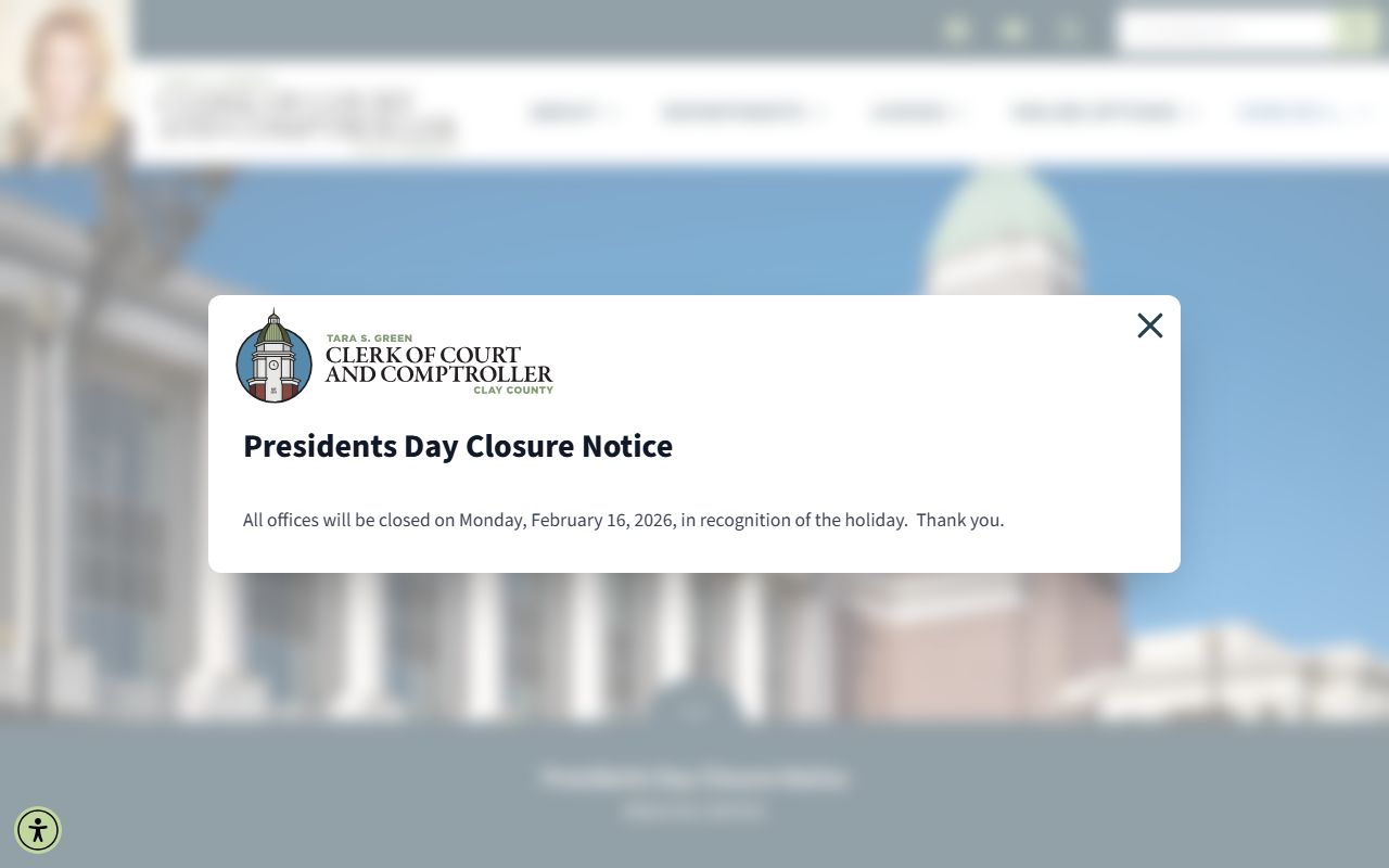 Clay County Clerk of Court homepage for traffic court records