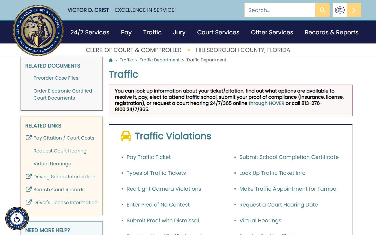 Hillsborough County traffic court records clerk traffic department page