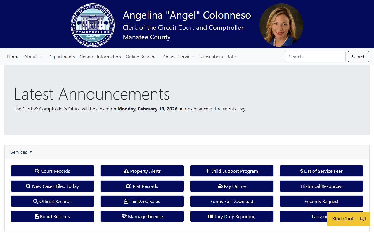 Manatee County Clerk of Court homepage for traffic court records search