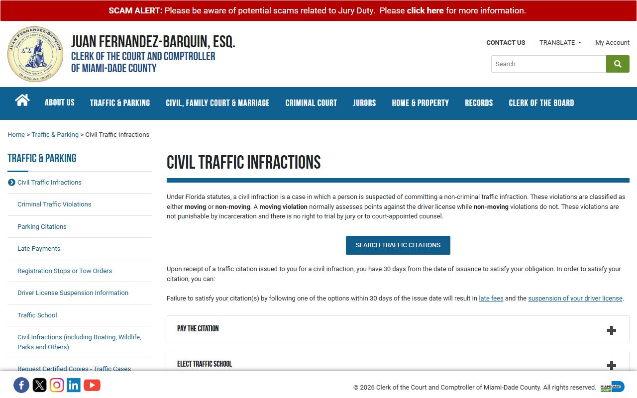 Miami-Dade County Clerk civil traffic infractions page for traffic court records