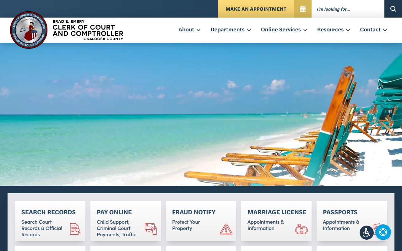 Okaloosa County Clerk of Court homepage for traffic court records