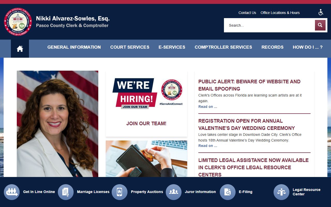 Pasco County Clerk of Court homepage for traffic court records