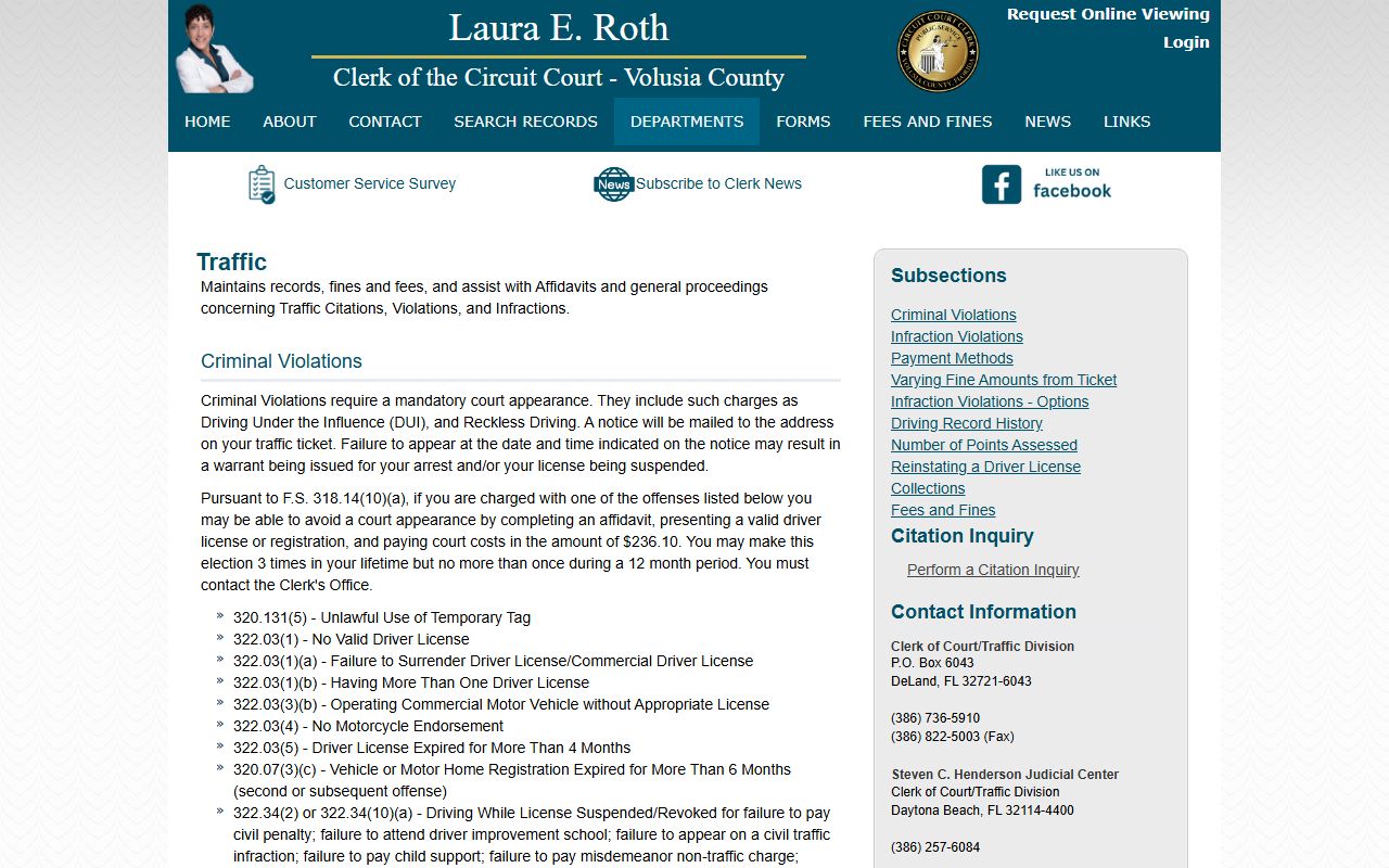 Volusia County traffic court records clerk traffic division page