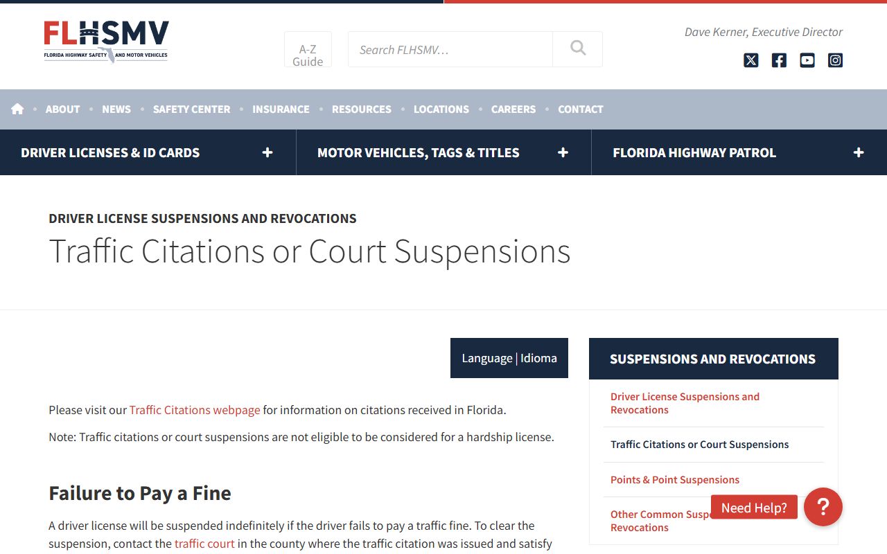 FLHSMV driver license suspensions page for Florida traffic court records