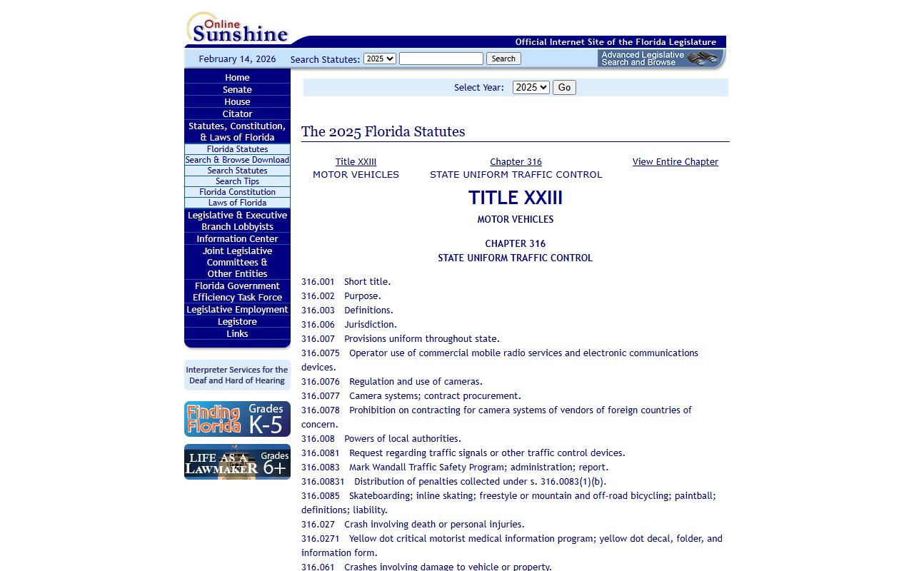 Florida Statute 316 Uniform Traffic Control Law for traffic court records